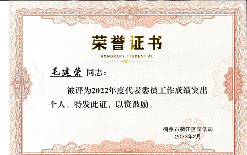 我所毛建荣被衢江区司法局评为“2022年度代表委员会工作成绩突出个人”